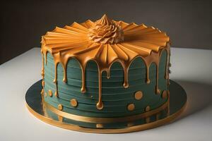 Chocolate cake with cream on a solid color background. Toned. ai generative photo