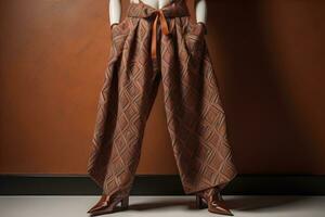 Young woman in traditional thai costume standing on the floor against solid color background. ai generative photo