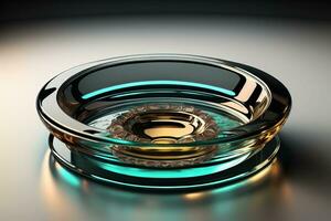 Empty glossy transparent ashtray on a dark background. ai generative photo