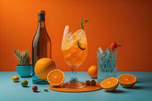 Glasses of sangria with fruits and berries on solid color background. ai generative photo