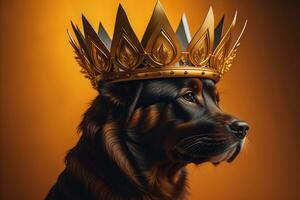 Portrait of a cute dog in a golden crown on a solid color background. ai generative photo