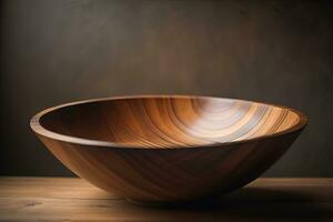 Empty wooden bowl on wooden background. Top view. Copy space. ai generative photo