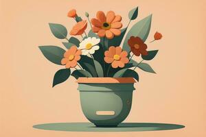 Flowerpot with daisies. Vector illustration in retro style. ai generative photo