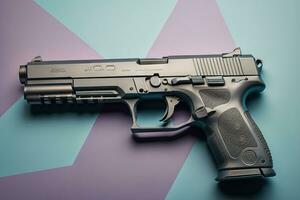 Semi-automatic handgun on a solid color background. Close-up. ai generative photo