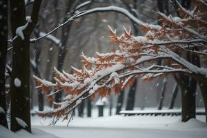 Beautiful winter landscape with snow covered trees and red house in the mountains. ai generative photo