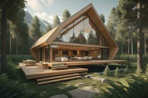 modern cozy chalet with pool and parking for sale or rent. Luxury house in the forest. ai generative photo