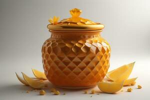 Jar of honey with solid colour background. ai generative photo