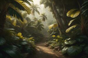 A pathway in tropical rainforest with palm trees and path in the mist. ai generative photo