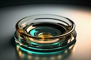 Empty glossy transparent ashtray on a dark background. ai generative photo