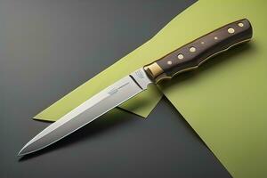 Knife with wooden handle on a solid color background. ai generative photo