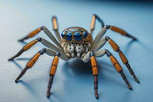 saltando araña de cerca en sólido color fondo, espacio de copia. ai generativo foto