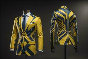 Stylish suits on mannequins on solid color background, closeup. ai generative photo