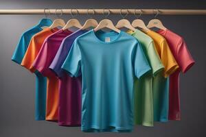 Colorful t-shirts in front of dark background. ai generative photo