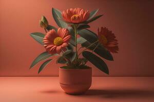 Flowers in a pot on a solid color background. ai generative photo