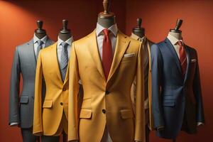 Stylish suits on mannequins on solid color background, closeup. ai generative photo