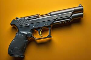 Semi-automatic handgun on a solid color background. Close-up. ai generative photo