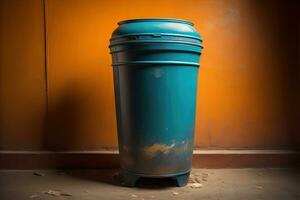 Garbage can on a colorful wall background, vintage color tone style. ai generative photo