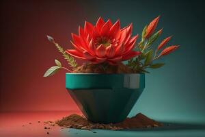 Flowers in a pot on a solid color background. ai generative photo