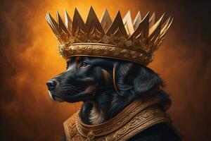 Portrait of a cute dog in a golden crown on a solid color background. ai generative photo