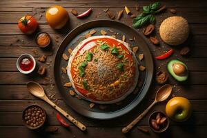 Top view of different indian dishes on dark background. Indian cuisine. ai generative photo