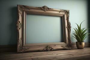 Wooden picture frame on the table. ai generative photo