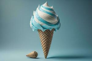 Ice cream in waffle cone on blue background, top view, flat lay. ai generative photo