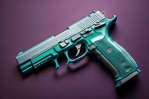 Semi-automatic handgun on a solid color background. Close-up. ai generative photo