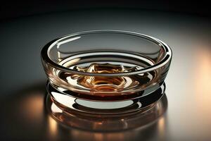 Empty glossy transparent ashtray on a dark background. ai generative photo