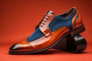 Men's shoes on a solid colour background. Studio shot. ai generative photo