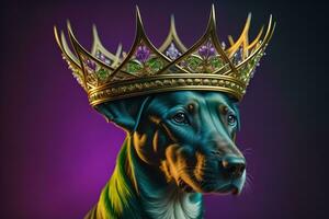 retrato de un linda perro en un dorado corona en un sólido color antecedentes. ai generativo foto