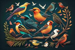 vector ilustración de un grupo de vistoso aves sentado en un rama. ai generativo foto