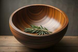 Empty wooden bowl on wooden background. Top view. Copy space. ai generative photo