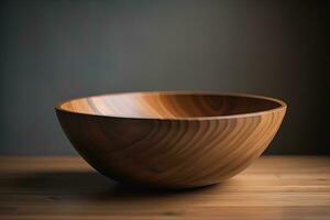 Empty wooden bowl on wooden background. Top view. Copy space. ai generative photo