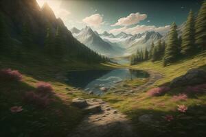 Beautiful fantasy landscape with a river in the mountains. ai generative photo