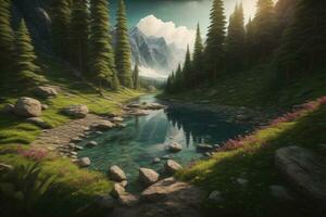 Beautiful fantasy landscape with a river in the mountains. ai generative photo