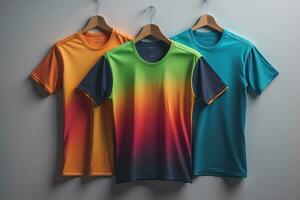 Colorful t-shirts in front of dark background. ai generative photo