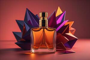 Creative and brandless Perfume bottle and flower on the wooden table, closeup. ai generative photo