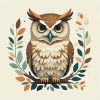 Owl sitting on a branch with leaves. Vector illustration in retro style. ai generative photo