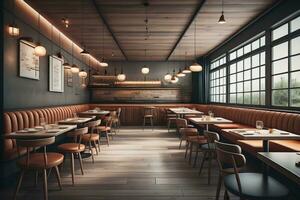 Interior of a modern cafe with blue walls and wooden floor. ai generative photo