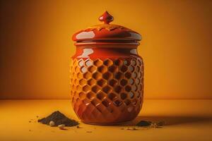 Jar of honey with solid colour background. ai generative photo