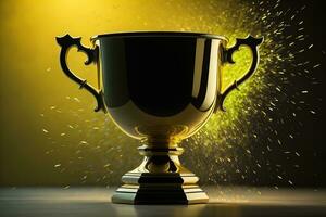 Golden trophy cup on wooden table. Award concept. ai generative photo