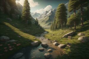 Beautiful fantasy landscape with a river in the mountains. ai generative photo