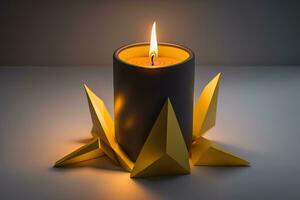 Creative burning candle on a wooden background. ai generative photo