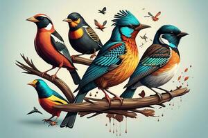 Vector illustration of a group of colorful birds sitting on a branch. ai generative photo