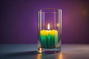 Burning aroma candle on wooden table against solid color background, copyspace. ai generative photo