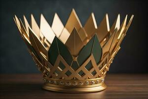 low key image of beautiful golden queen, king crown. ai generative photo