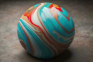 Colorful marble ball on a solid colour background. Close-up. ai generative photo