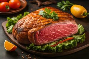 Raw beef sirloin steak with ingredients for cooking on wooden background. ai generative photo