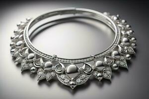 Silver necklace on a solid color background in close-up. ai generative photo