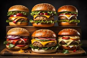 hamburguesas con francés papas fritas en de madera mesa, de cerca. ai generativo foto